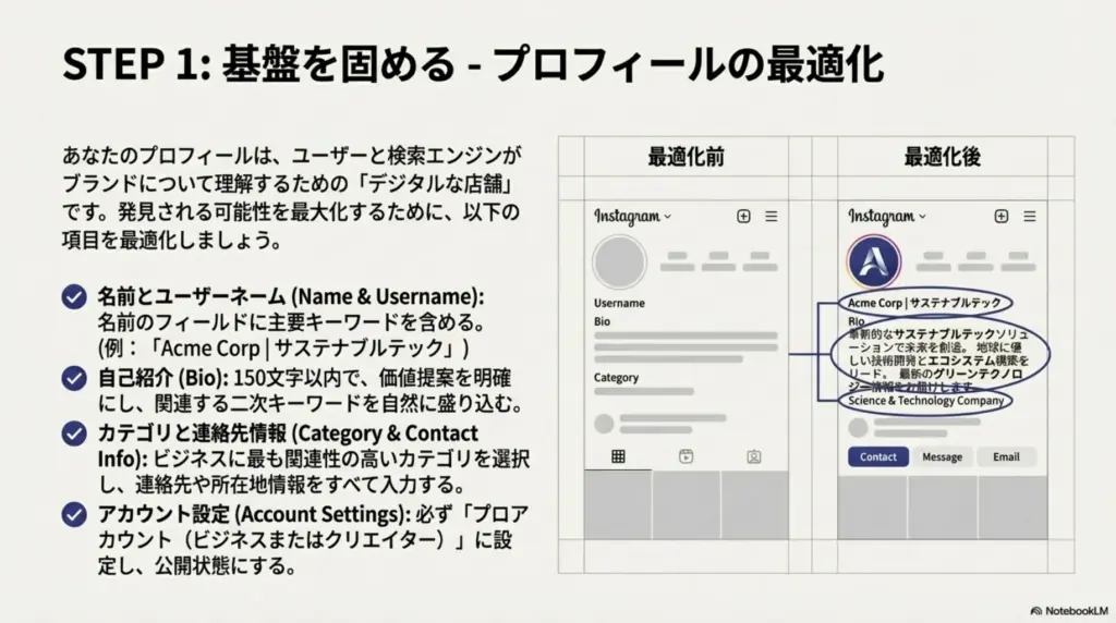 リーチを最大化する7つの具体的なSEO最適化テクニック：テクニック1：プロフィールの最適化(名前・ユーザー名・バイオ：